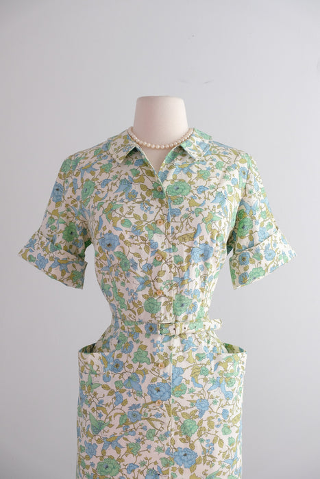 Vintage 1960's Green & Blue Floral Shirt Dress by Sunnyvale / ML