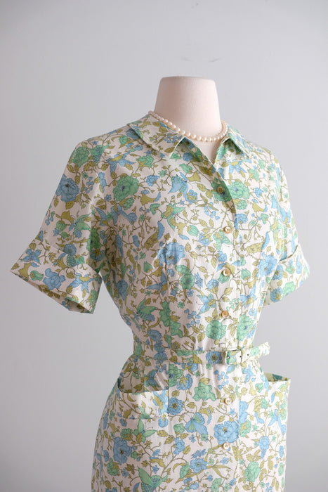 Vintage 1960's Green & Blue Floral Shirt Dress by Sunnyvale / ML