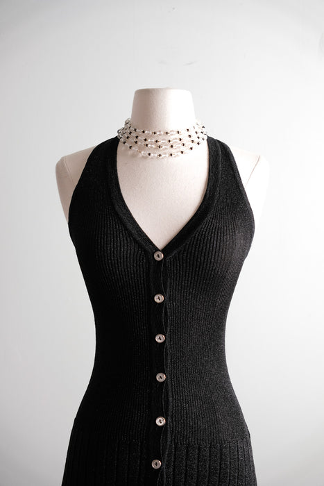 Vintage 1970's Black & Silver Metallic Knit Sweater Vest by Yves Saint Laurent / S