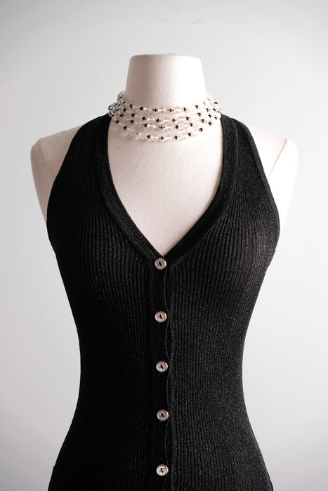 Vintage 1970's Black & Silver Metallic Knit Sweater Vest by Yves Saint Laurent / S