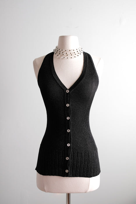 Vintage 1970's Black & Silver Metallic Knit Sweater Vest by Yves Saint Laurent / S