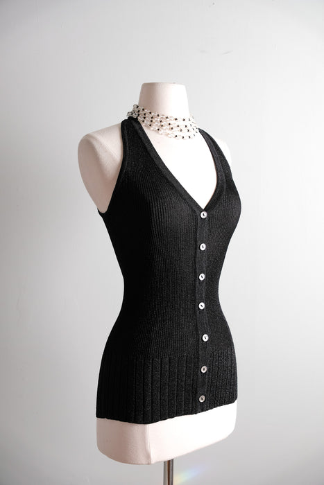 Vintage 1970's Black & Silver Metallic Knit Sweater Vest by Yves Saint Laurent / S