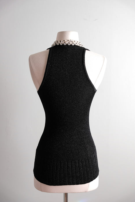 Vintage 1970's Black & Silver Metallic Knit Sweater Vest by Yves Saint Laurent / S