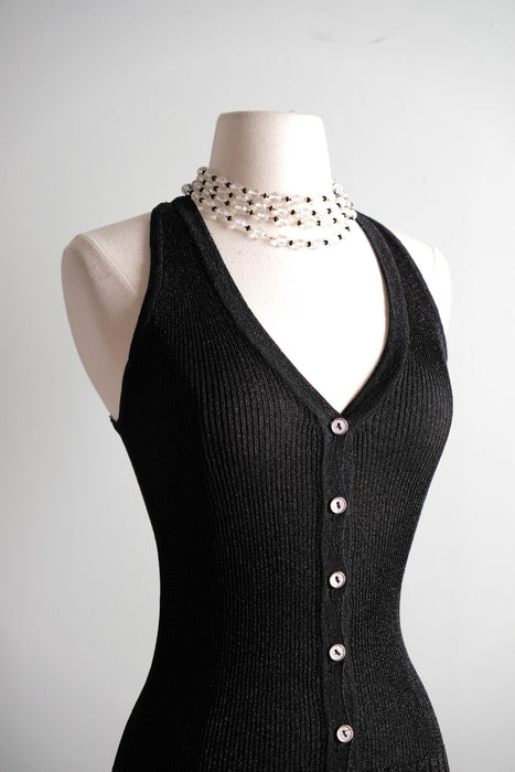 Vintage 1970's Black & Silver Metallic Knit Sweater Vest by Yves Saint Laurent / S