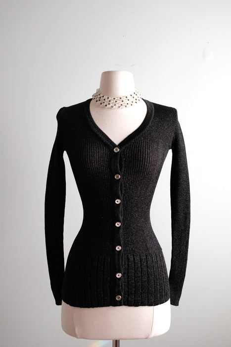 Dazzling 1970's Black & Silver Metallic Knit Sweater by Yves Saint Laurent / S