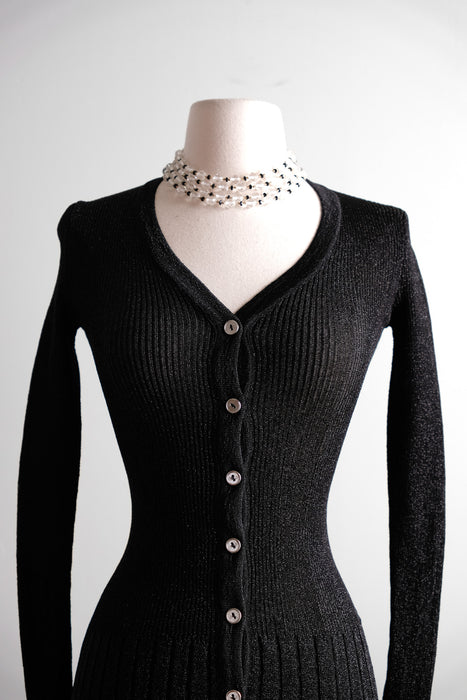 Dazzling 1970's Black & Silver Metallic Knit Sweater by Yves Saint Laurent / S