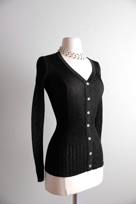 Dazzling 1970's Black & Silver Metallic Knit Sweater by Yves Saint Laurent / S