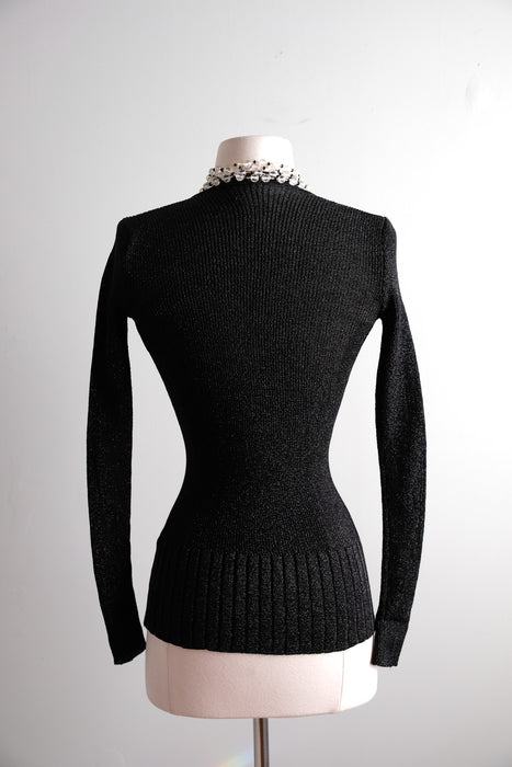 Dazzling 1970's Black & Silver Metallic Knit Sweater by Yves Saint Laurent / S