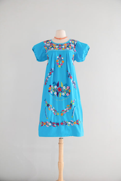 Vintage 1970's Cerulean Blue Cotton Mexican Huipil Style Dress with Floral Embroidery / M