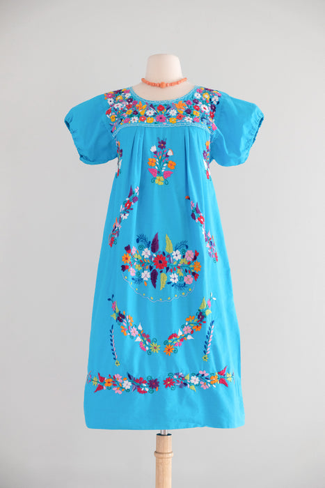 huipil dress Vintage 1970's Cerulean Blue Cotton Mexican Huipil Style Dress with Fl – Xtabay Vintage
