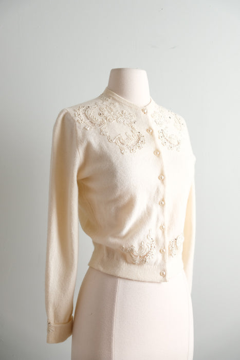 Vintage 1950's Ivory Pearl Knit Cardigan by Darlene / SM