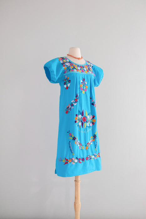 Vintage 1970's Cerulean Blue Cotton Mexican Huipil Style Dress with Floral Embroidery / M