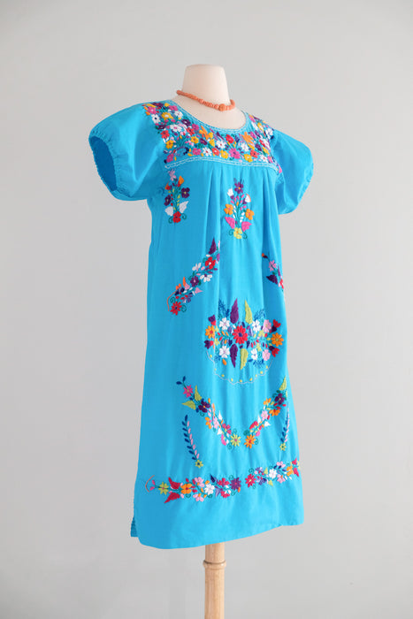 Vintage 1970's Cerulean Blue Cotton Mexican Huipil Style Dress with Floral Embroidery / M