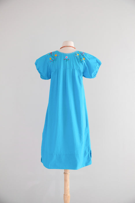 Vintage 1970's Cerulean Blue Cotton Mexican Huipil Style Dress with Floral Embroidery / M