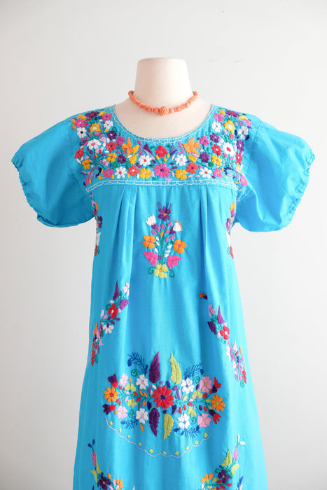 Vintage 1970's Cerulean Blue Cotton Mexican Huipil Style Dress with Floral Embroidery / M