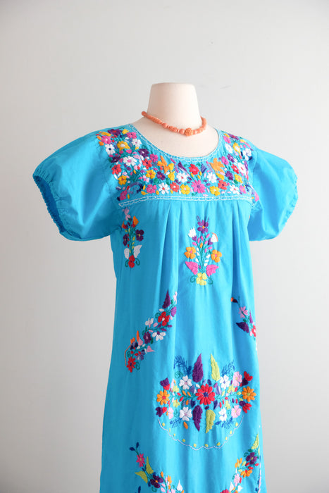 Vintage 1970's Cerulean Blue Cotton Mexican Huipil Style Dress with Floral Embroidery / M