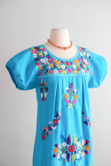 Vintage 1970's Cerulean Blue Cotton Mexican Huipil Style Dress with Floral Embroidery / M