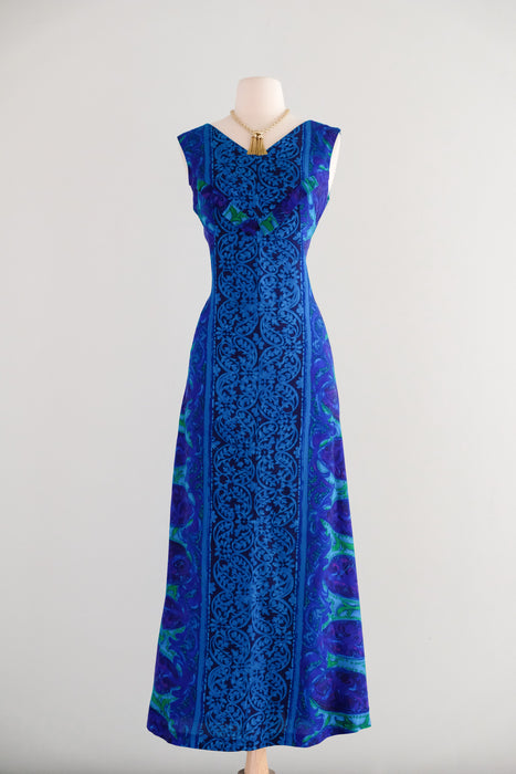 Glamorous 1960's Blue & Green Paisley Waterfall Hawaiian Gown by Miss Hawaii / S