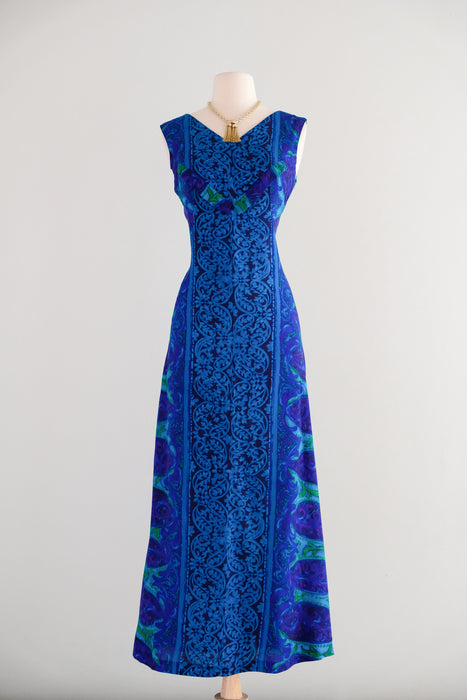 Glamorous 1960's Blue & Green Paisley Waterfall Hawaiian Gown by Miss Hawaii / S