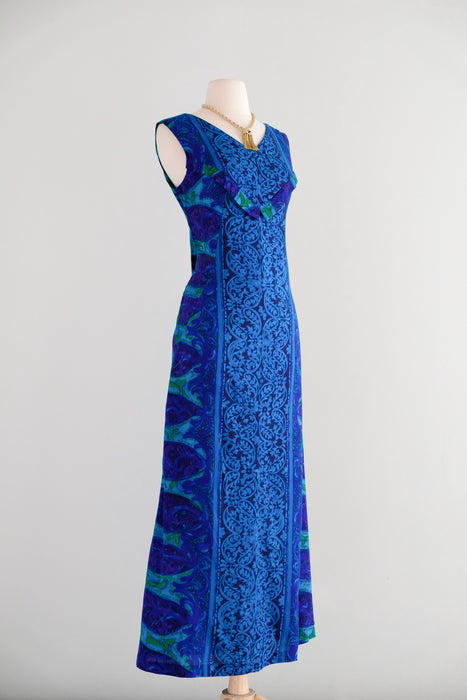 Glamorous 1960's Blue & Green Paisley Waterfall Hawaiian Gown by Miss Hawaii / S