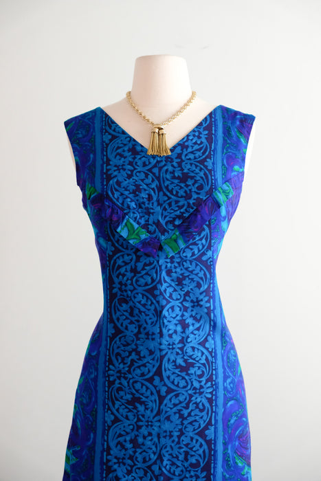Glamorous 1960's Blue & Green Paisley Waterfall Hawaiian Gown by Miss Hawaii / S