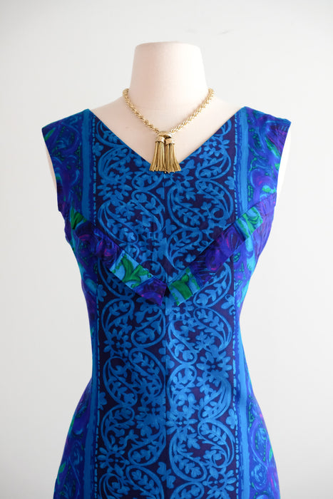 Glamorous 1960's Blue & Green Paisley Waterfall Hawaiian Gown by Miss Hawaii / S