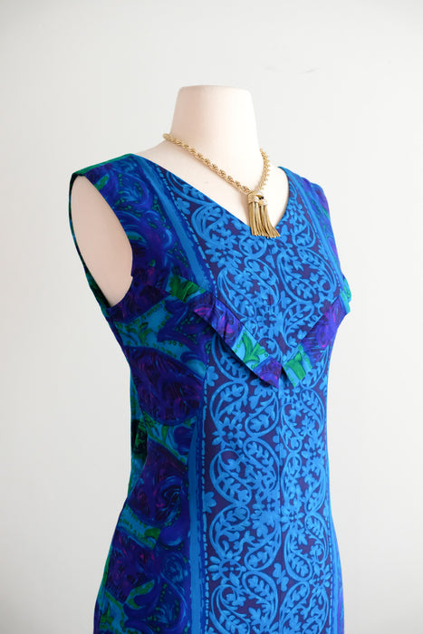 Glamorous 1960's Blue & Green Paisley Waterfall Hawaiian Gown by Miss Hawaii / S