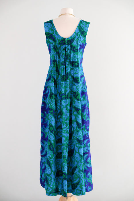 Glamorous 1960's Blue & Green Paisley Waterfall Hawaiian Gown by Miss Hawaii / S