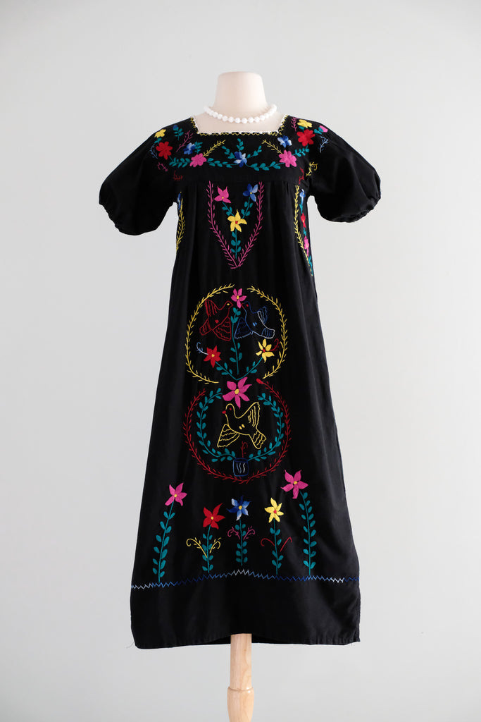 Vintage 1970's Colorful Embroidered Black Mexican Huipil Style Dress / M