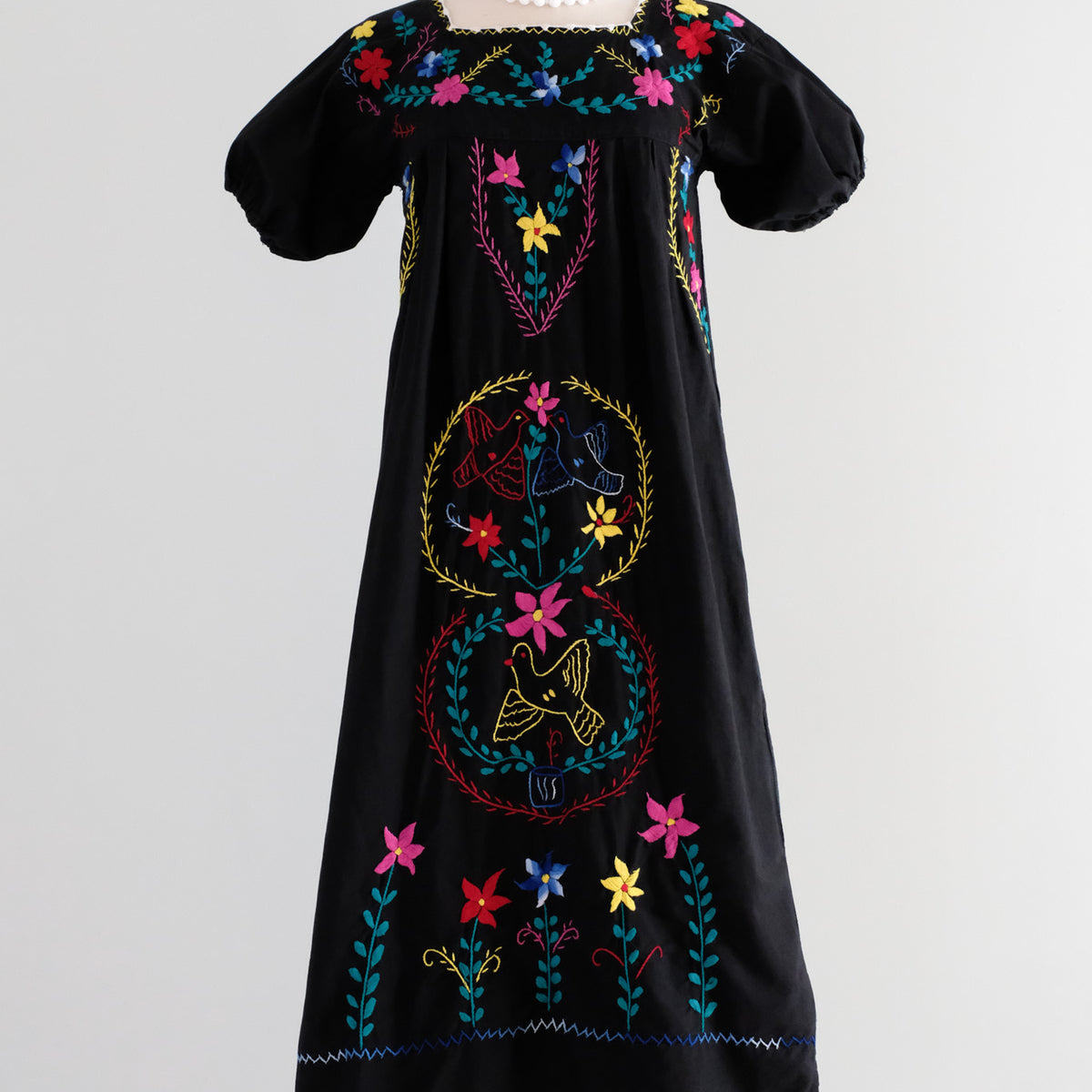 Vintage 1970's Colorful Embroidered Black Mexican Huipil Style Dress / – Xtabay Vintage