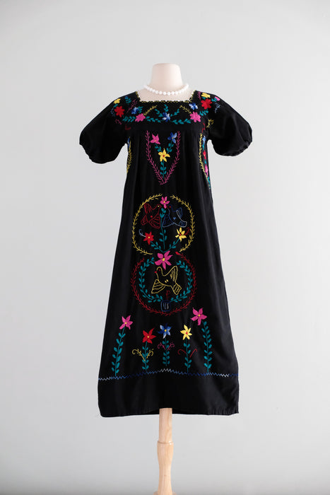 Vintage 1970's Colorful Embroidered Black Mexican Huipil Style Dress / M