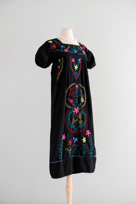 Vintage 1970's Colorful Embroidered Black Mexican Huipil Style Dress / M