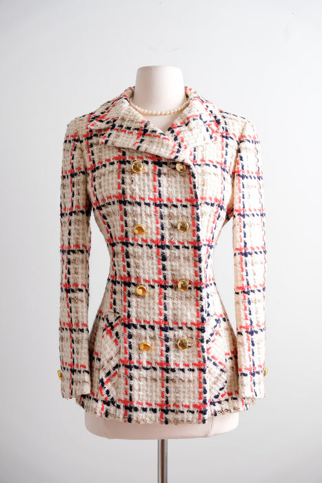 Vintage 1960's Ivory, Red & Navy Tweed Peacoat by Davidow / M