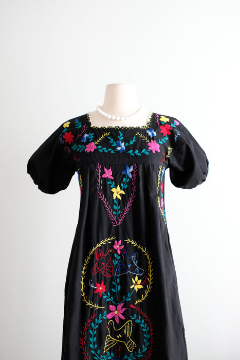 Vintage 1970's Colorful Embroidered Black Mexican Huipil Style Dress / M