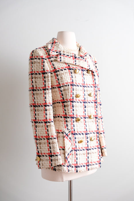 Vintage 1960's Ivory, Red & Navy Tweed Peacoat by Davidow / M