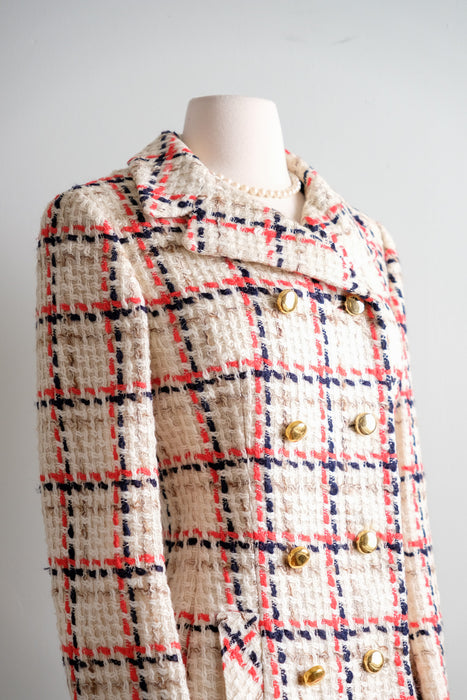 Vintage 1960's Ivory, Red & Navy Tweed Peacoat by Davidow / M