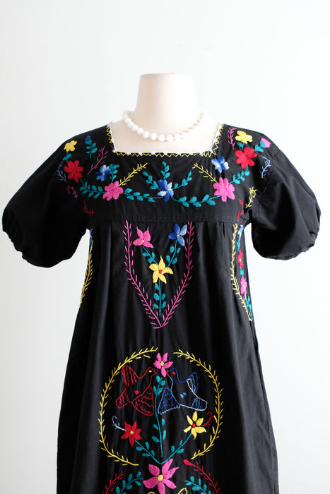 Vintage 1970's Colorful Embroidered Black Mexican Huipil Style Dress / M