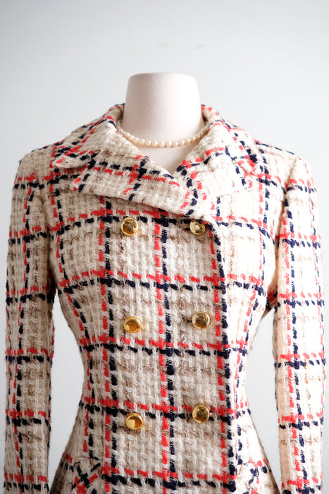 Vintage 1960's Ivory, Red & Navy Tweed Peacoat by Davidow / M