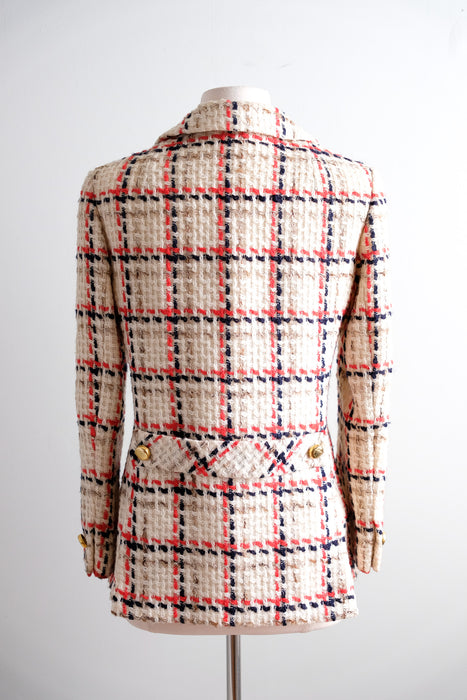 Vintage 1960's Ivory, Red & Navy Tweed Peacoat by Davidow / M