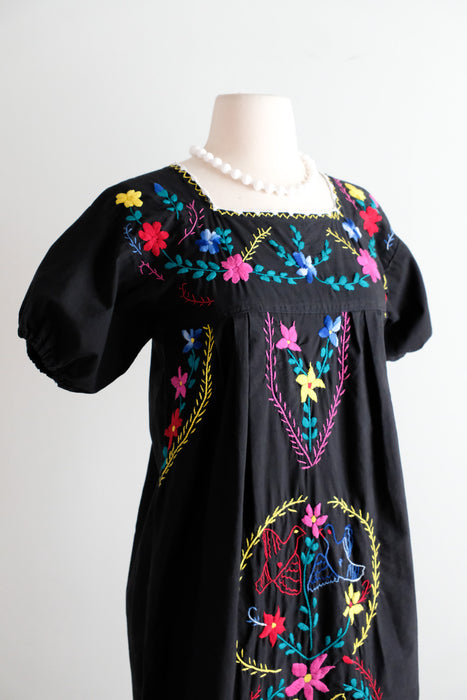 Vintage 1970's Colorful Embroidered Black Mexican Huipil Style Dress / M