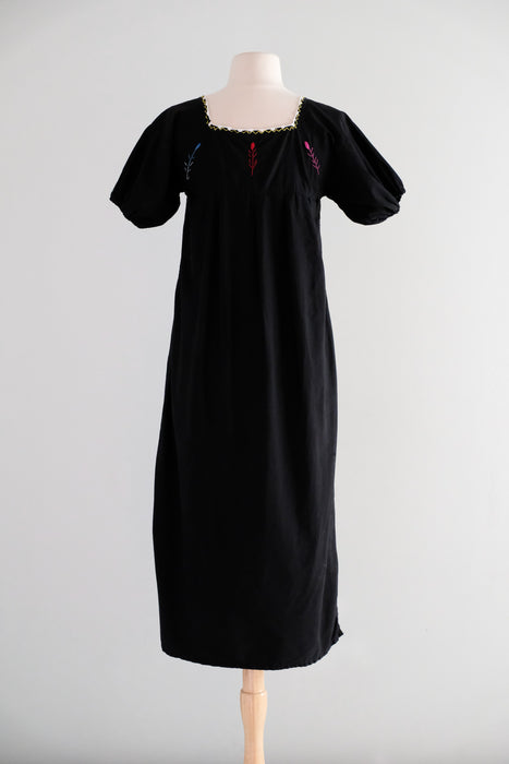 Vintage 1970's Colorful Embroidered Black Mexican Huipil Style Dress / M