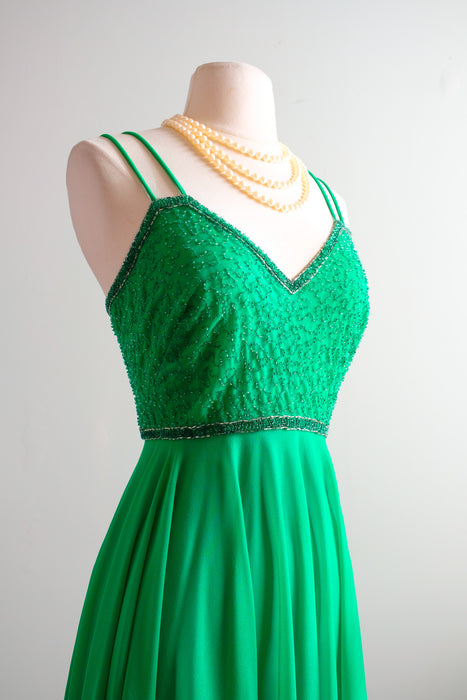 Wonderful 1970's Kelly Green Beaded Party Dress / Sz M