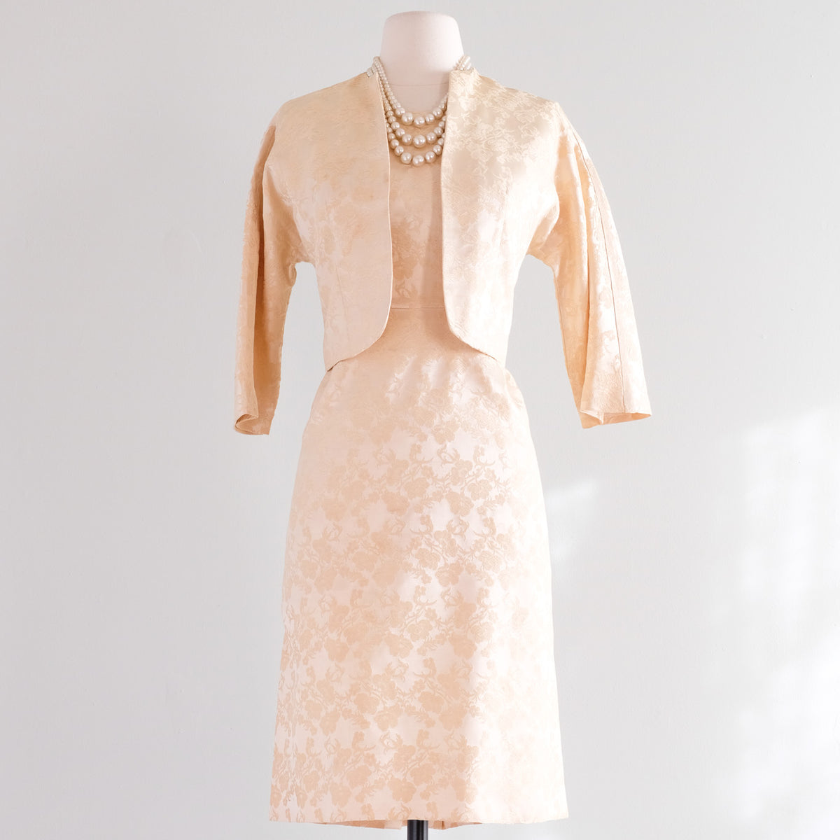 Sweet 1960's Pearl Brocade Wiggle Dress with Matching Bolero Jacket / Xtabay Vintage Sweet 1960's Pearl Brocade Wiggle Dress with Matching Bolero Jacket / Xtabay Vintage