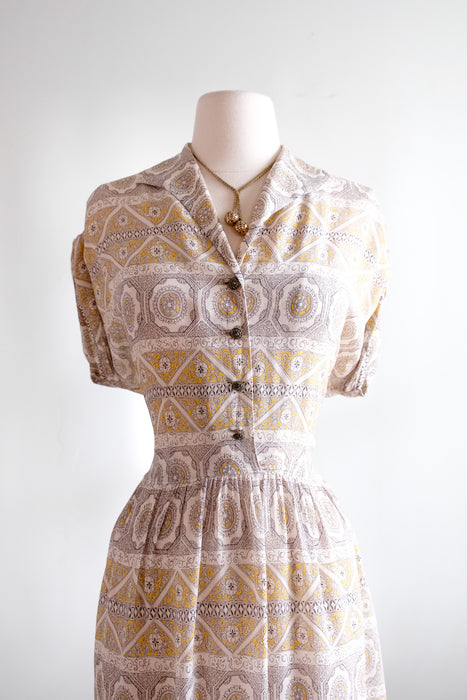 Charming 1940's Lemon Yellow Mosaic Printed Rayon Day Dress / Sz M