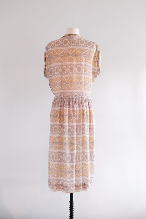 Charming 1940's Lemon Yellow Mosaic Printed Rayon Day Dress / Sz M