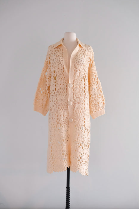 Fabulous 1970's Cream Crochet Long Knit Cardigan Sweater / Sz M