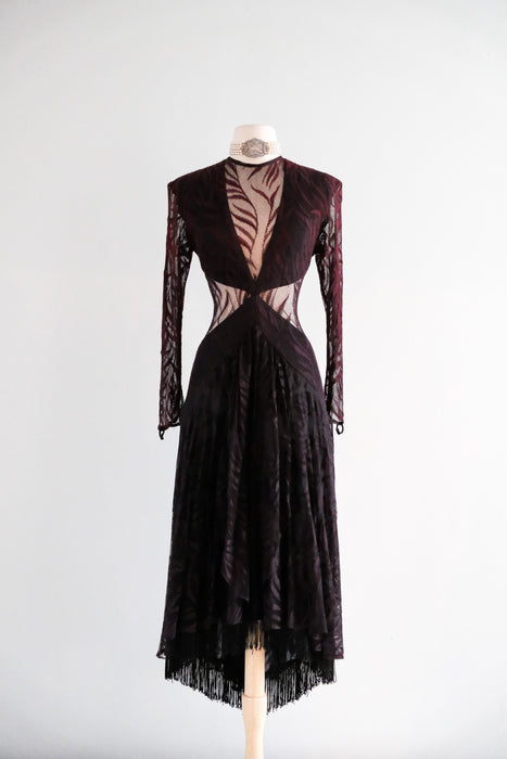 Vintage 1980's CLIMAX Burgundy Mesh Lace Dress by Karen Okada / M