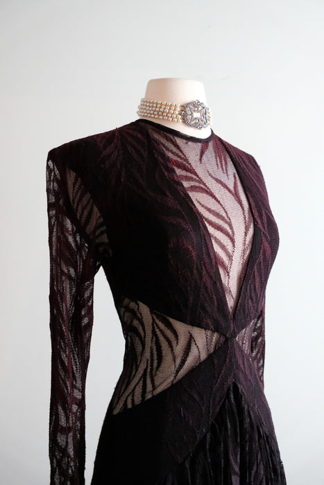 Vintage 1980's CLIMAX Burgundy Mesh Lace Dress by Karen Okada / M