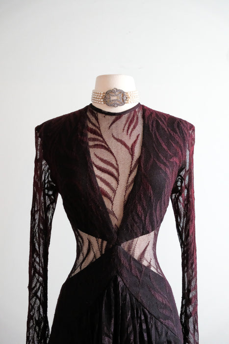 Vintage 1980's CLIMAX Burgundy Mesh Lace Dress by Karen Okada / M