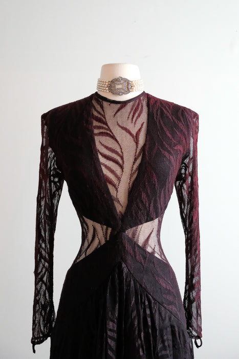 Vintage 1980's CLIMAX Burgundy Mesh Lace Dress by Karen Okada / M